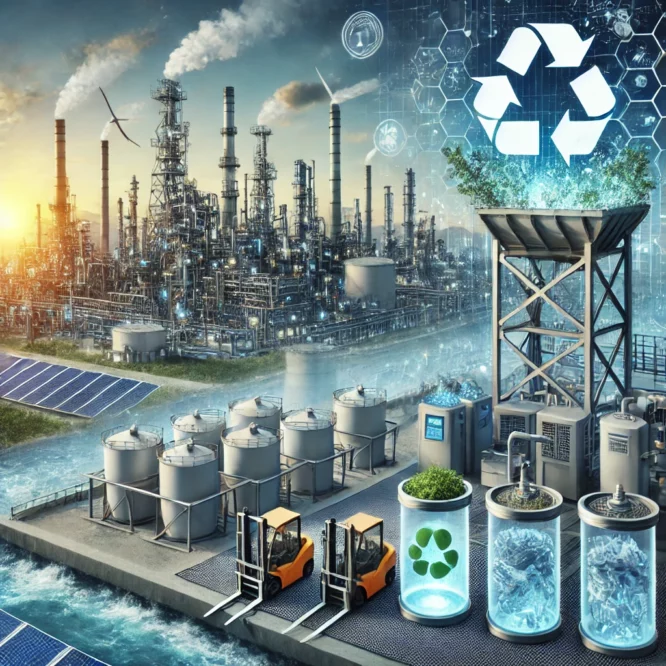 Impianto di raffinazione con tecnologie di cattura delle emissioni in background, impianto di riciclo moderno in primo piano e pannelli solari e sistemi di accumulo energetico, rappresentando il progresso verso la sostenibilità nell'industria petrolifera e chimica