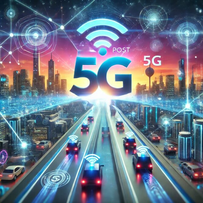 Rappresentazione futuristica di una città al tramonto, con veicoli autonomi su strade digitali e il logo '5G' in primo piano circondato da icone grafiche di trasmissione dati.