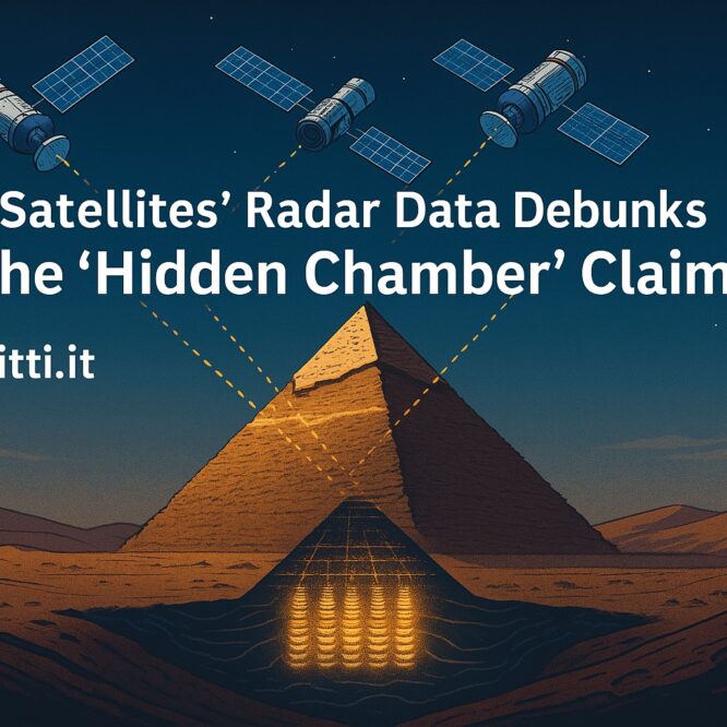 Illustrazione digitale che mostra la Piramide di Cheope nel deserto, irradiata da segnali SAR provenienti da tre satelliti in orbita. L’interno e il sottosuolo della piramide sono rappresentati con effetti traslucidi e griglie tomografiche per suggerire la ricerca di cavità nascoste. In sovrimpressione il logo "litti.it" e l’indicazione che i satelliti non possono rilevare fononi o strutture ipogee in modo diretto.