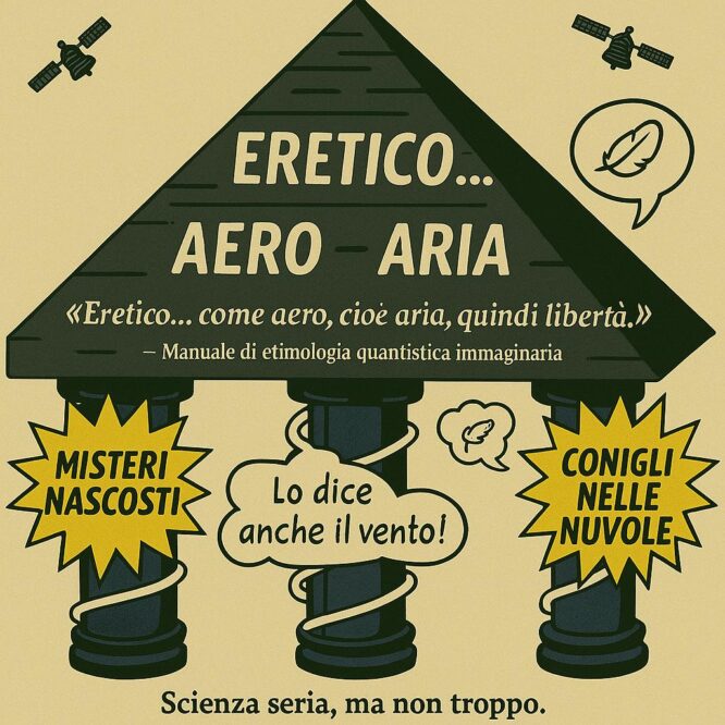 Illustrazione satirica di una piramide concettuale con scritte pseudoscientifiche e colonne eterogenee che sorreggono misteri e conigli nelle nuvole.