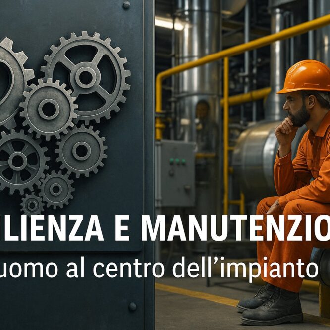 Tecnico seduto su un tubo industriale accanto a ingranaggi a forma di cuore, in un contesto impiantistico, simbolo della resilienza personale.