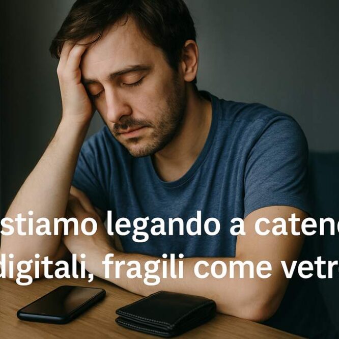 Un giovane uomo pensieroso, seduto vicino a una finestra, guarda con preoccupazione il proprio smartphone e portafoglio appoggiati sul tavolo, accompagnato dalla frase “Ci stiamo legando a catene digitali, fragili come vetro”
