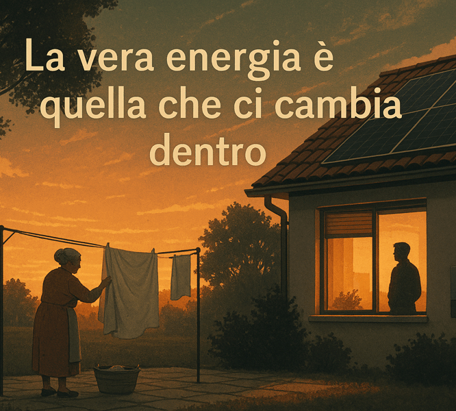 Una donna anziana stende il bucato al tramonto mentre un uomo osserva dalla casa, simbolo del legame tra tradizione e consapevolezza energetica moderna.