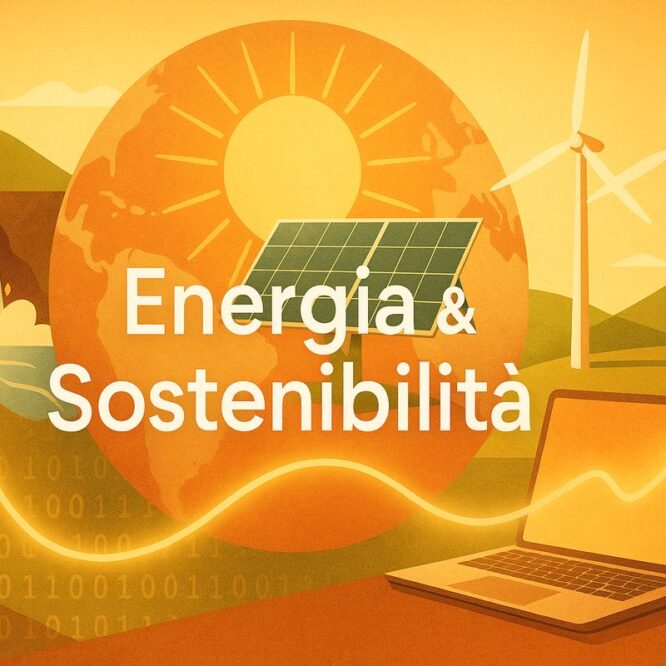 Illustrazione arancio-verde con Terra, sole, pannelli solari, turbine eoliche, diga idroelettrica e laptop collegati da un’onda di luce.