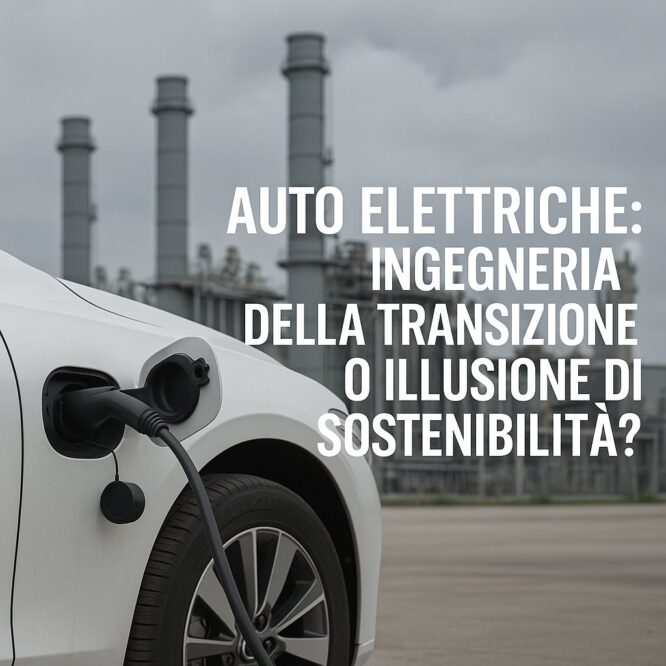 Auto elettrica in ricarica davanti a impianto industriale con ciminiere, simbolo della contraddizione tra mobilità elettrica e produzione energetica non sostenibile