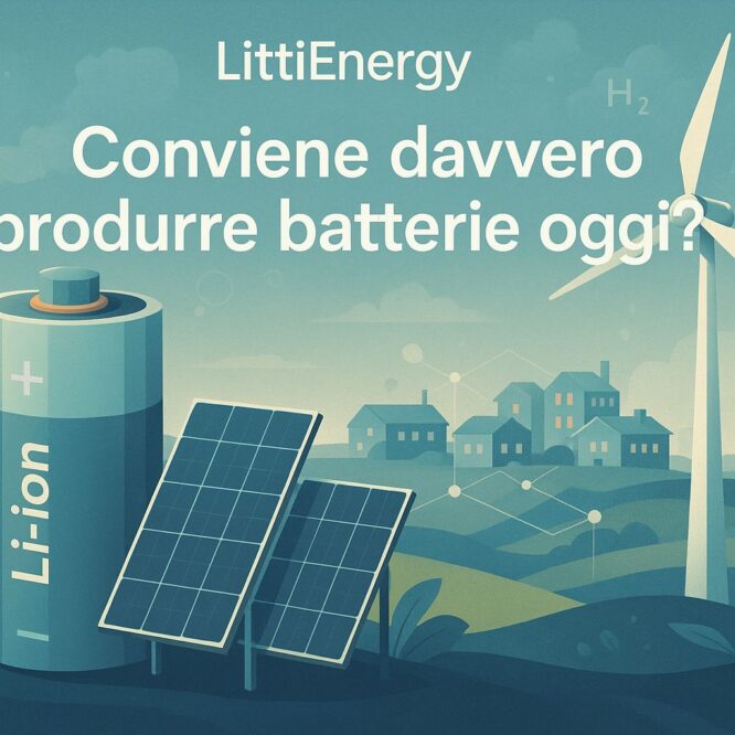 Illustrazione con impianto energetico e batteria al centro. In sovrimpressione, il titolo “Conviene davvero produrre accumulatori elettrici oggi?”, centrato per lettura ottimale anche da anteprima blog.