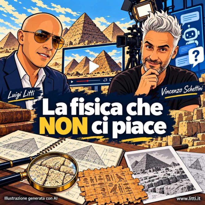 La fisica che NON ci piace, illustrazione generata con AI con Luigi Litti e Vincenzo Schettini davanti alle piramidi di Giza