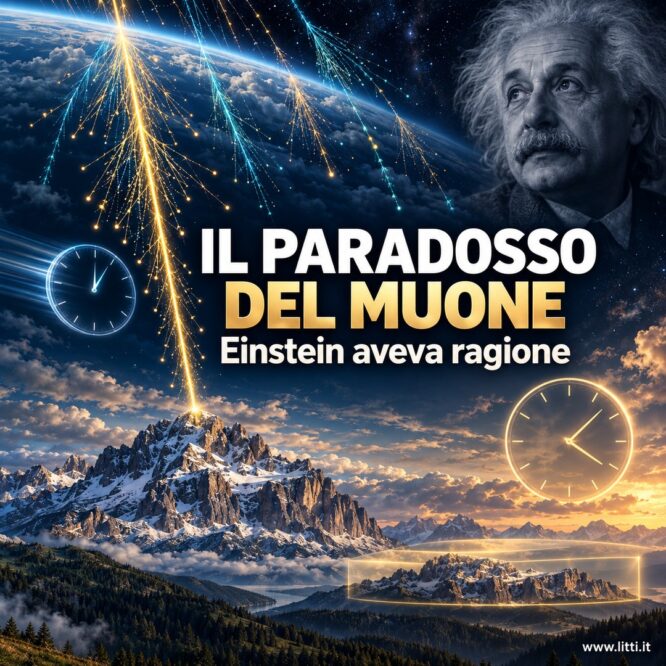 Raggi cosmici che generano muoni sopra una catena montuosa, con orologi e ritratto di Einstein